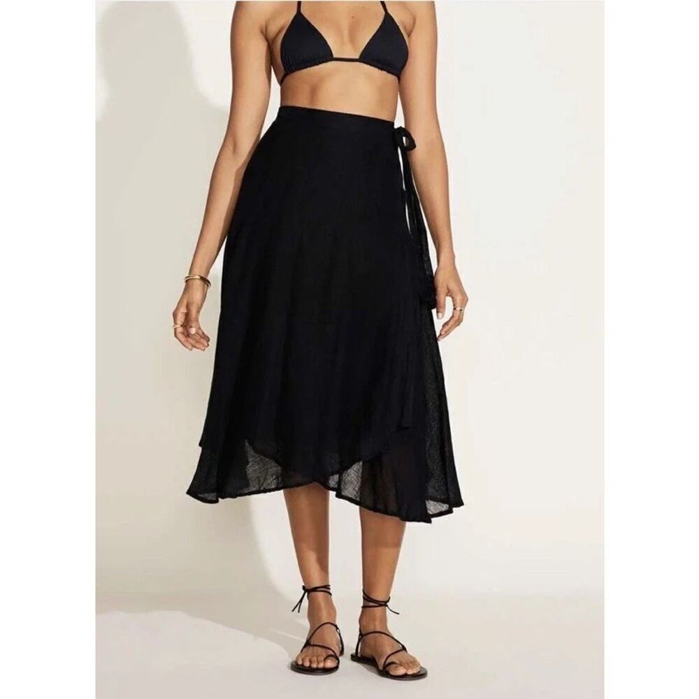 New Vitamin A Womens Black Linen Wrap Tie Waist Lana Midi Skirt Size Medium